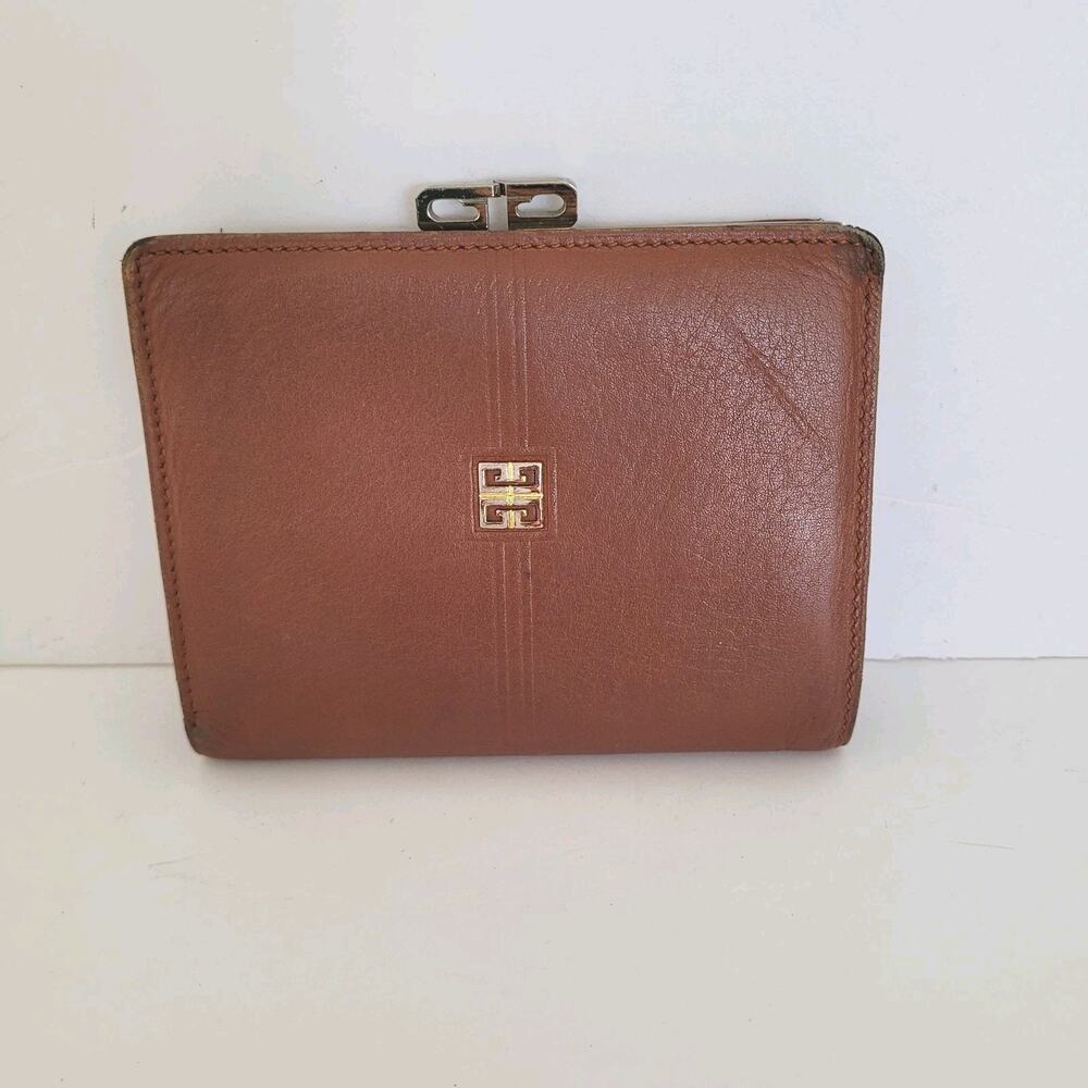 Givenchy Vintage Leather Wallet Brown Leather Bifold Medium Compact Kisslock - Picture 1 of 12